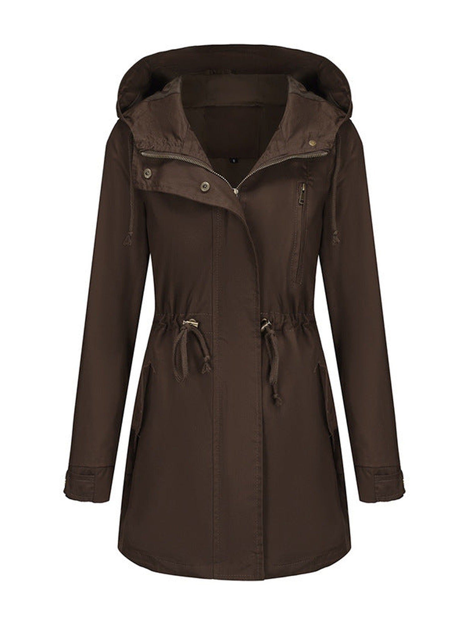 95% Polyester Hooded Parka, Drawstring Waist – Women – Chocolate – front